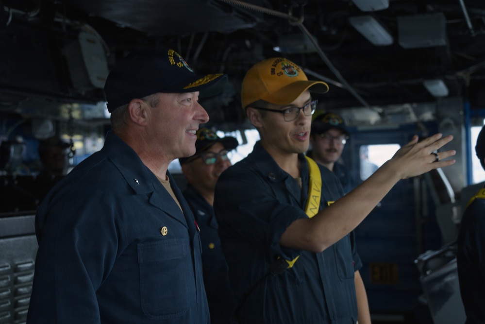 Rear Admiral Heames Talks to USS Robert Smalls' (CG 62) Navigator