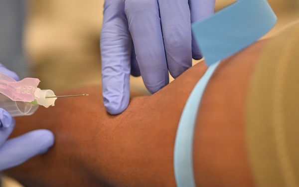 A medical professional wearing blue nitrile gloves is preparing to insert an intravenous (IV) catheter or perform a venipuncture on a patient's arm. A light blue tourniquet band is visible on the upper forearm to distend the vein. The needle device appears to be a standard IV cannula with a pink hub.