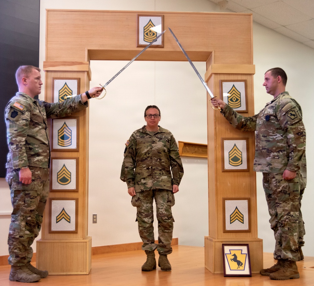 Three U.S. Army soldiers are posed in front of a decorative wooden arch displaying NCO rank insignia plaques, with two soldiers crossing sabers overhead in a ceremonial arch formation. A female soldier stands centered beneath the crossed sabers, suggesting this is a promotion or induction ceremony. A framed unit crest (appearing to be Pennsylvania National Guard) is visible on the floor at the base of the arch.