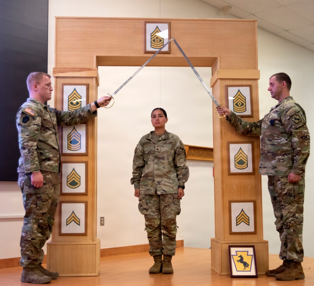 Three U.S. Army soldiers are participating in a formal NCO induction or promotion ceremony. Two soldiers on either side hold crossed sabers over a third soldier standing at attention beneath a ceremonial arch displaying NCO rank insignia plaques. The arch features enlisted rank chevrons from Corporal through Sergeant Major, and a unit crest is visible at the base.