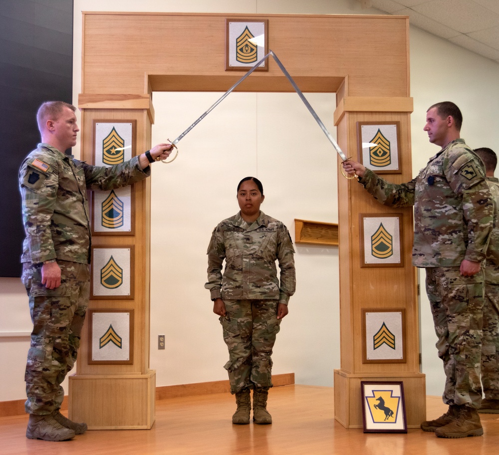 Three U.S. Army soldiers are participating in a formal NCO induction ceremony. Two soldiers holding ceremonial sabers form an arch over a third soldier standing at attention beneath a decorative wooden arch displaying NCO rank insignia plaques. A framed unit crest is visible on the floor in the foreground.