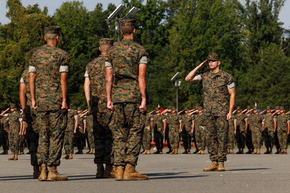 A large formation of military personnel in MARPAT (Marine pattern) camouflage uniforms are assembled on a parade deck or drill field. One service member in the foreground is rendering a salute, while others stand at attention facing away from the camera. The scene appears to be a formal military ceremony or formation event, likely at a U.S. Marine Corps installation.