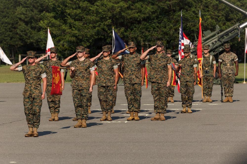 A group of U.S. Marines in woodland MARPAT camouflage uniforms are standing at attention and rendering a salute during a formal military ceremony on a paved parade deck. Multiple flags are visible including the U.S. flag, Marine Corps colors, and unit guidons. Military equipment, including what appears to be an artillery piece or vehicle, is visible in the background.