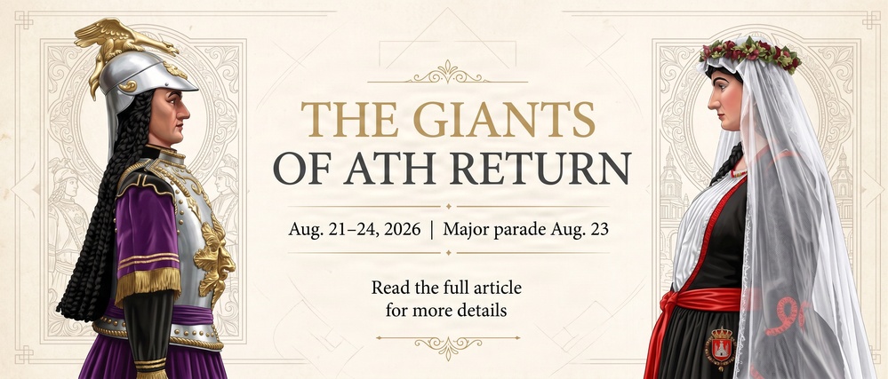 This is a promotional banner for 'The Giants of Ath Return,' a traditional Belgian festival event scheduled for August 21–24, 2026, with the major parade on August 23. The image features two illustrated giant figures — a male warrior in armor and a female figure in traditional dress — facing each other against an ornate cream-colored background. The event is associated with the famous UNESCO-recognized procession of Giants in Ath, Belgium.