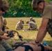Military personnel are conducting tactical combat casualty care (TCCC) or field medical training exercises on an open grass field. Multiple teams are simultaneously practicing trauma treatment on simulated casualties lying on the ground. The setting appears to be a daytime outdoor training exercise with personnel in various military uniforms and gear.