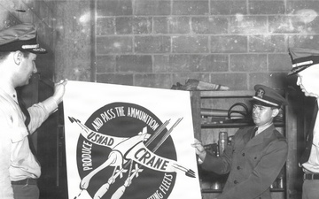 Crane Army Ammunition Activity employees unveil original crane swoop image, circa 1960s-1970s.