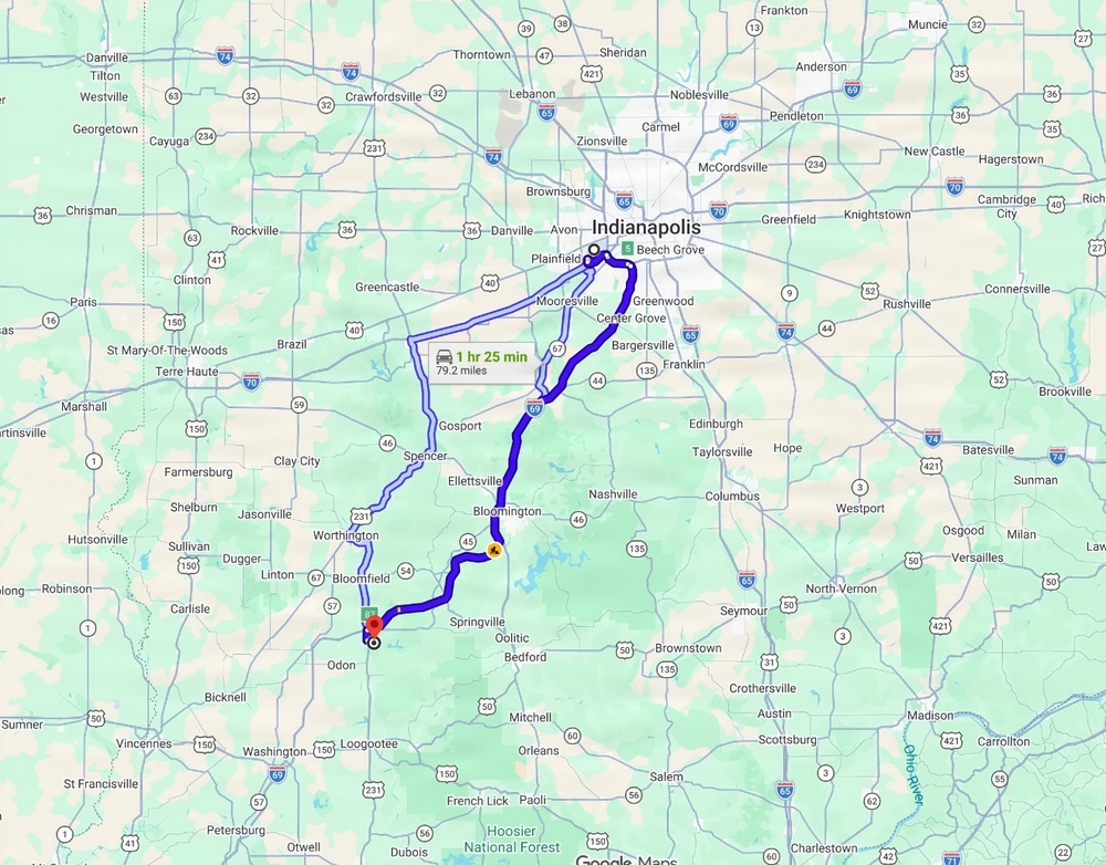 Directions to Crane Army Ammunition Activity visitors center from the Indianapolis International Airport.