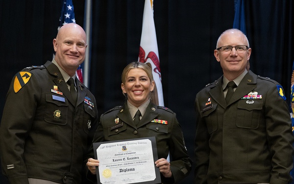 Three U.S. Army personnel in dress green uniforms pose for a formal photograph at a military graduation ceremony. The central figure, identified on the diploma as Lauren E. Locandro, holds a Certificate of Completion/Diploma from the 129th Regiment Regional Training Institute, Officer Candidate School. Two senior officers flank her on either side in what appears to be an official recognition ceremony.