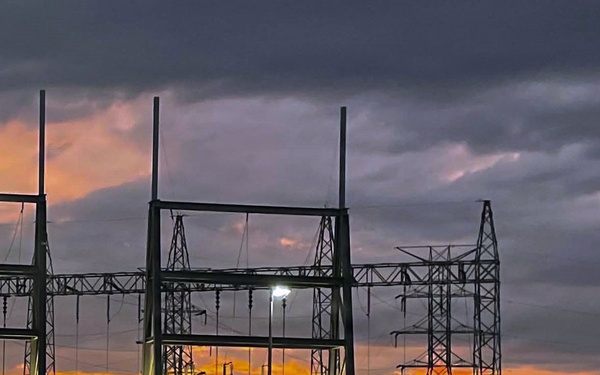Robert S. Kerr Lock and Dam 15 switchyard at sunset