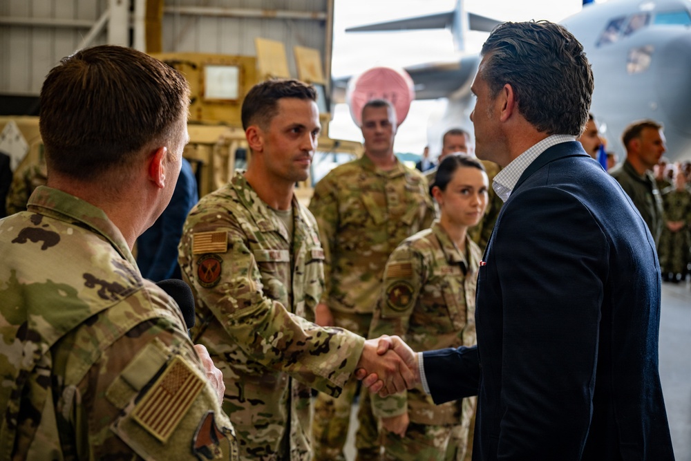 Secretary of War Pete Hegseth speaks with troops from Joint Base Graham in Charleston, SC