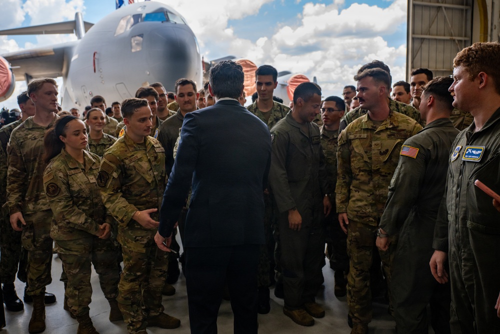 Secretary of War Pete Hegseth speaks with troops from Joint Base Graham in Charleston, SC.