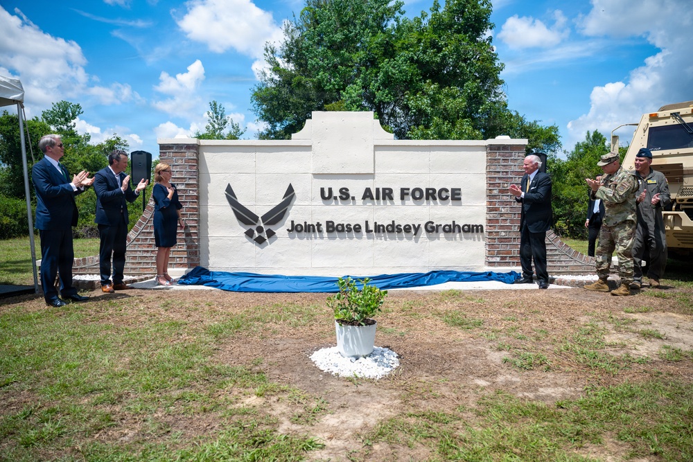 Secretary of War Pete Hegseth attends the base renaming from Joint Base Charleston to Joint Base Lindsey Graham in Charleston, SC