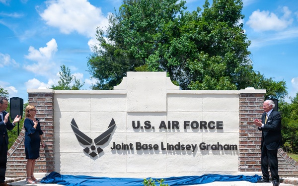 Secretary of War Pete Hegseth attends the base renaming from Joint Base Charleston to Joint Base Lindsey Graham in Charleston, SC