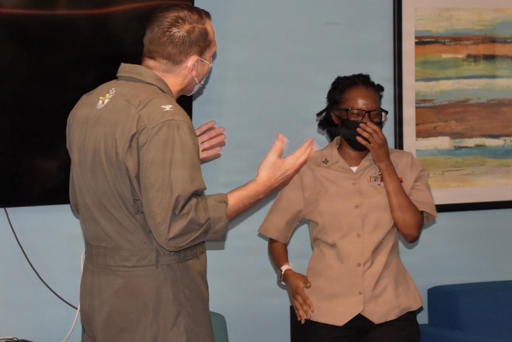 NAS Jacksonville Commanding Officer surprised Sailors today by promoting them through the Meritorious Advancement Program