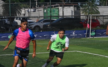 USCGC Sentinel-class Robert Ward (WPC-1130) crew play soccer against members of the Panamanian National Aeronaval Service