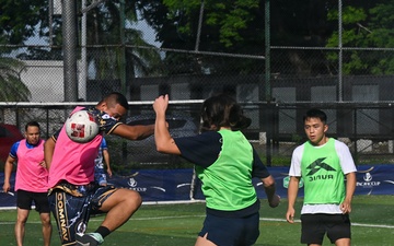 USCGC Sentinel-class Robert Ward (WPC-1130) crew play soccer against members of the Panamanian National Aeronaval Service