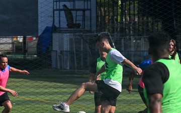 USCGC Sentinel-class Robert Ward (WPC-1130) crew play soccer against members of the Panamanian National Aeronaval Service