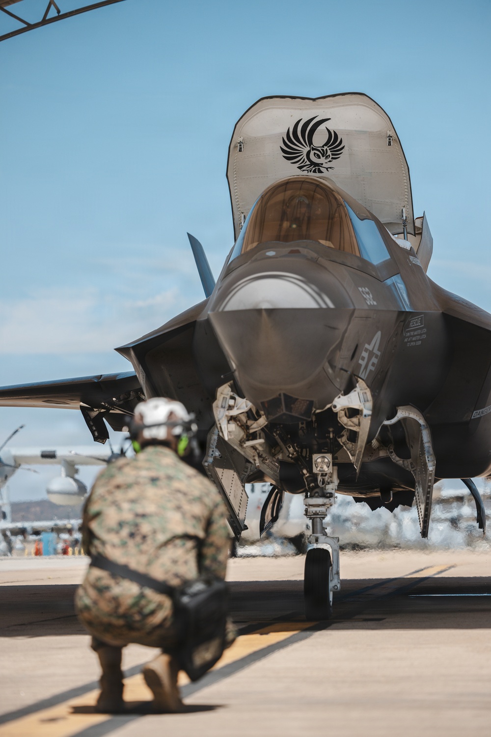 A military ground crew member in camouflage uniform and flight deck helmet kneels on a tarmac while conducting pre-flight or post-flight checks on an F-35 Lightning II stealth fighter jet. The aircraft's canopy is open and features a distinctive black phoenix/owl emblem on the canopy cover. The scene appears to take place at a military air base under clear skies.