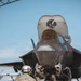 A military ground crew member in camouflage uniform and flight deck helmet kneels on a tarmac while conducting pre-flight or post-flight checks on an F-35 Lightning II stealth fighter jet. The aircraft's canopy is open and features a distinctive black phoenix/owl emblem on the canopy cover. The scene appears to take place at a military air base under clear skies.