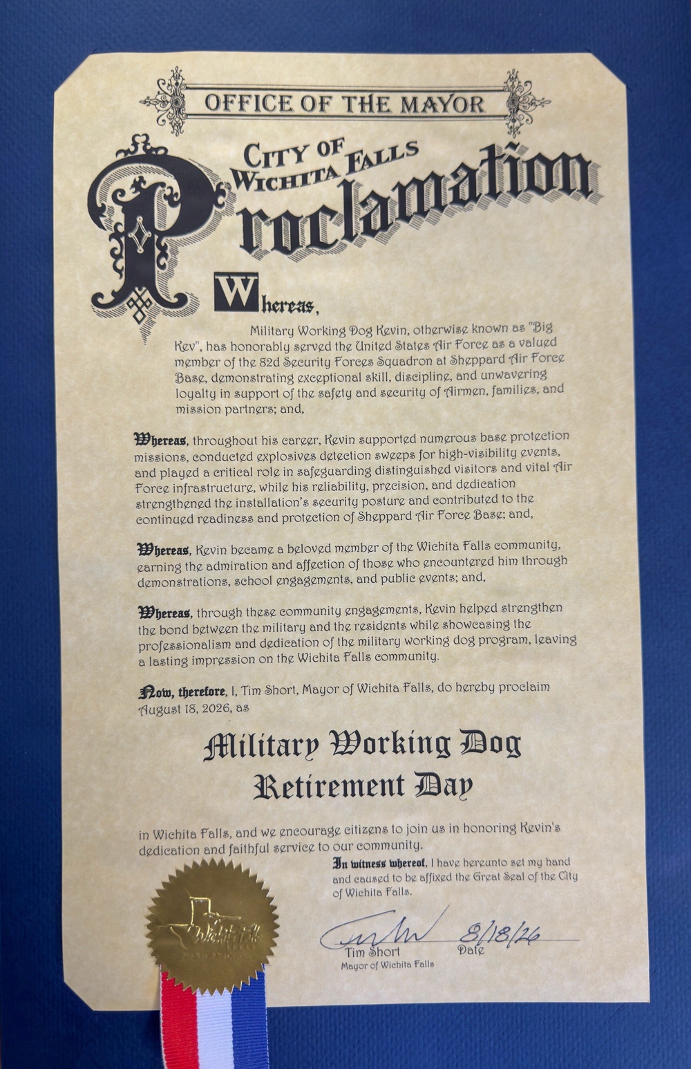 The City of Wichita Falls Honors 82nd SFS MWD Kevin for His Dedicated Service