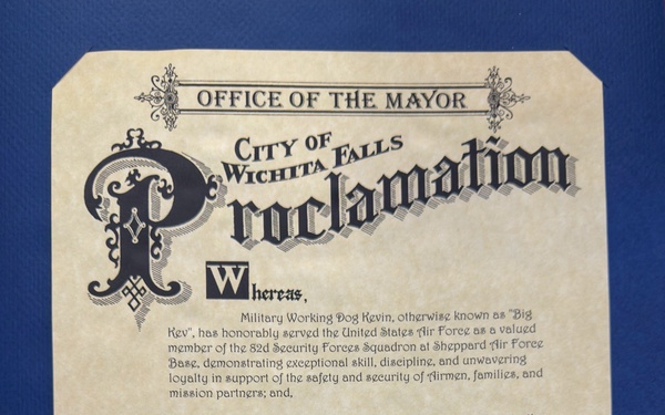 The City of Wichita Falls Honors 82nd SFS MWD Kevin for His Dedicated Service
