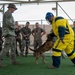 A military working dog (MWD) training exercise is taking place in an outdoor enclosed facility. A dog handler wearing a yellow protective bite suit and blue helmet is being engaged by a Belgian Malinois or German Shepherd, while military personnel in camouflage uniforms observe and smile. The setting appears to be a forward operating base or military installation, likely in an arid region.