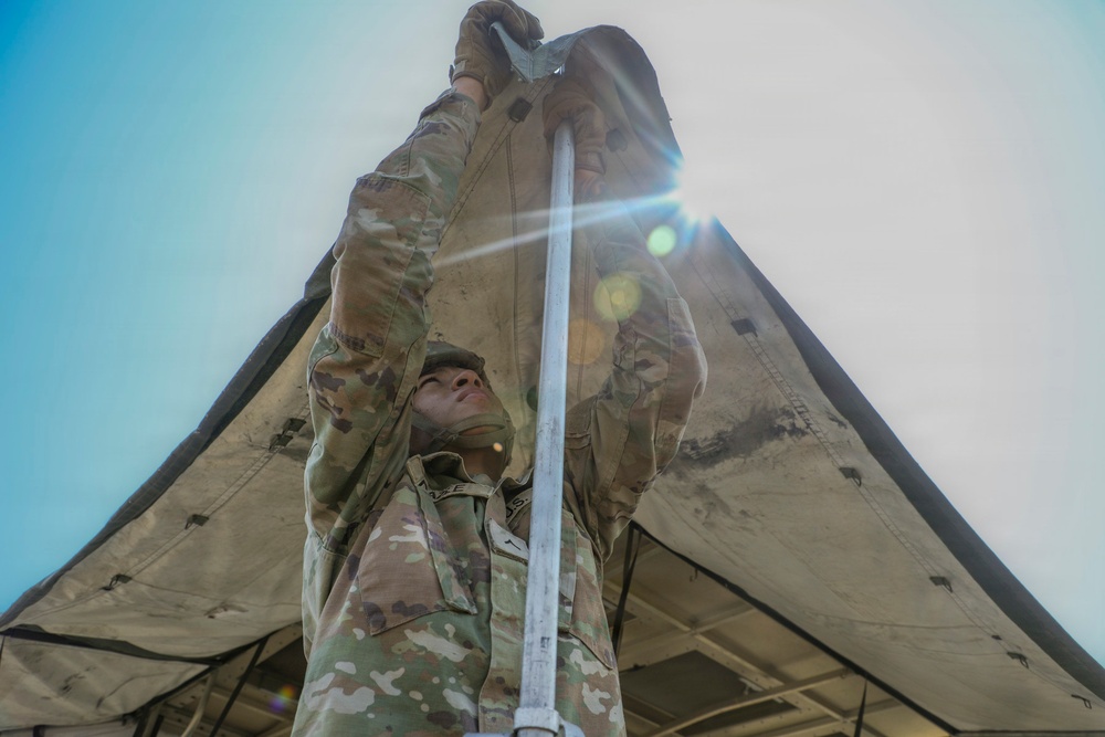 A soldier in MultiCam/OCP camouflage uniform is photographed from a low-angle perspective while erecting or adjusting a military tent. The dramatic upward camera angle, combined with direct sun flare, creates a striking compositional effect showing the tent canopy framing the soldier against the sky. The soldier is using both gloved hands to manipulate a metal tent pole at the apex of the structure.