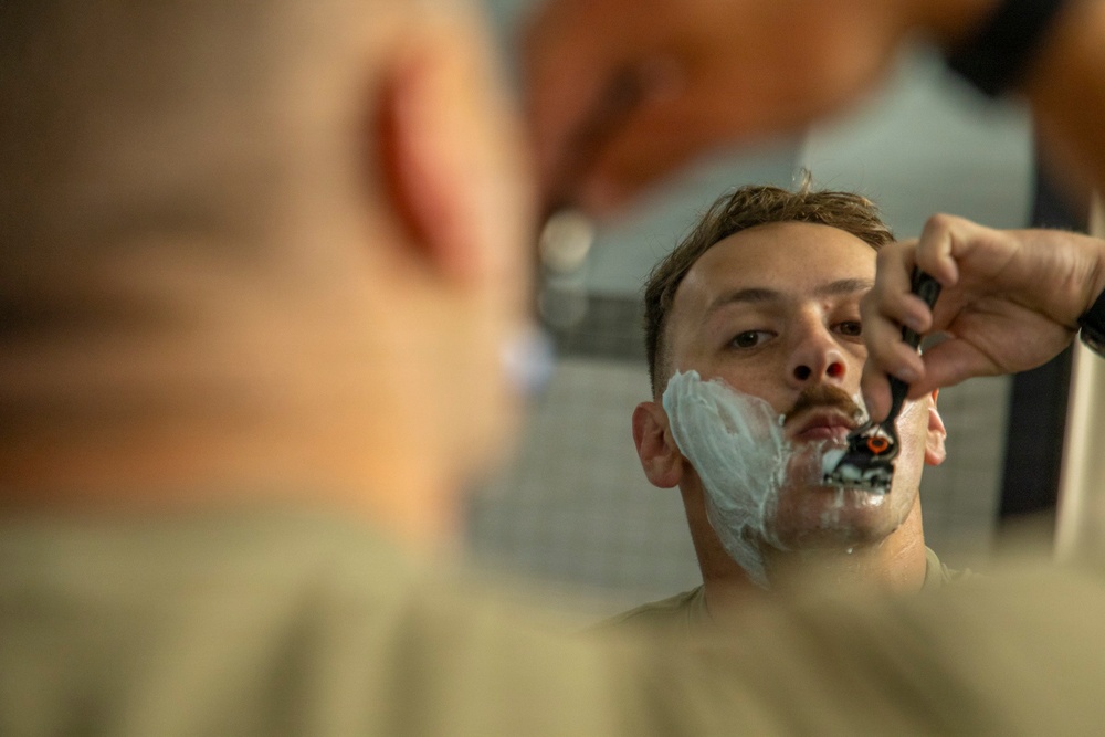 593rd CSC Soldiers Demonstrate Proper Shaving Techniques