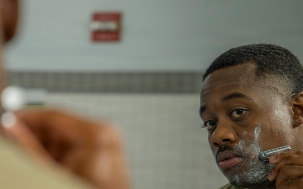 593rd CSC Soldiers Demonstrate Proper Shaving Techniques