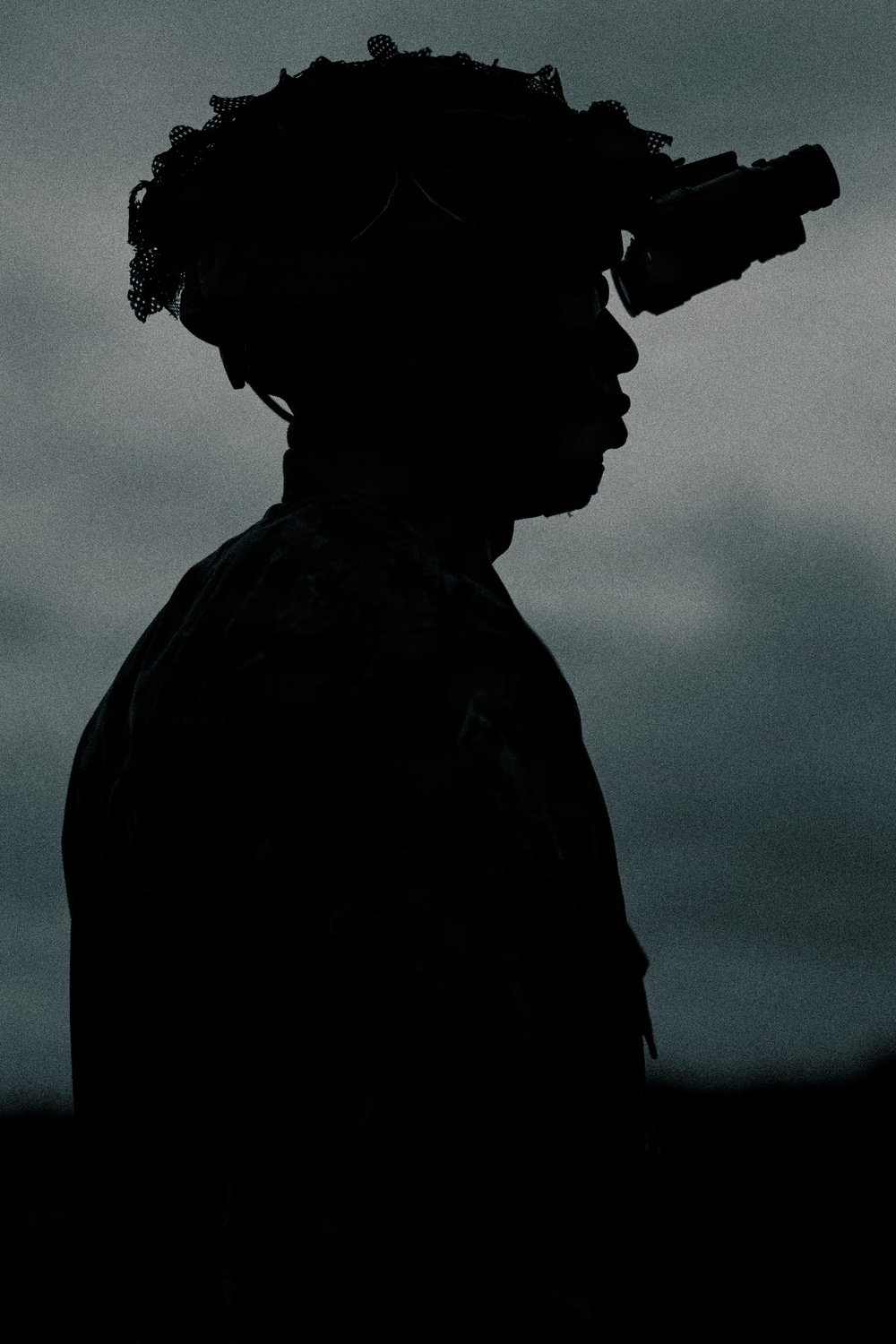 A dramatic silhouette photograph of a military personnel wearing a tactical helmet equipped with night vision goggles (NVG) mounted to the front. The figure is photographed in profile against a dim, overcast sky, creating a stark dark silhouette. The image conveys a covert or nighttime operational context.