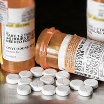 The image shows multiple prescription medication bottles labeled as Oxycodone, with numerous white tablets scattered on a metallic surface. One bottle is tipped over, spilling pills. This appears to be a stock or editorial photograph commonly used to illustrate opioid prescription drug topics.