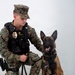 A U.S. Marine Corps Military Police Sergeant, identified by name tape as 'Fesenmaier M.', poses in a studio-style portrait with a Belgian Malinois K9 partner. The Marine is wearing MARPAT digital camouflage utilities, a tactical vest with a gold law enforcement badge, and holds the dog's leash. The K9 is fitted with a black tactical harness and sits attentively beside the handler.