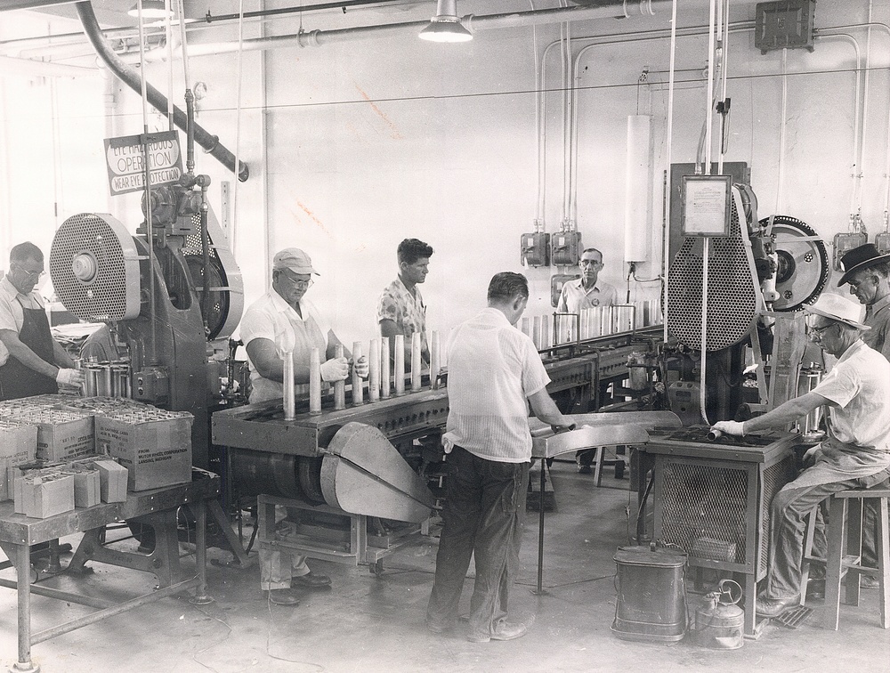 Historical McAlester Army Ammunition Plant photo circa 1940's-employees working on the bomb line.