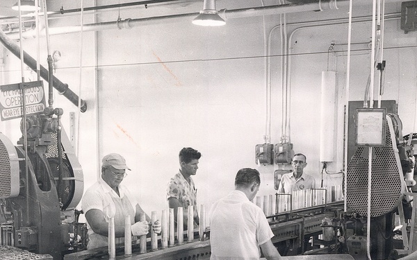 Historical McAlester Army Ammunition Plant photo circa 1940's-employees working on the bomb line.