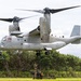 A U.S. Marines MV-22 Osprey tiltrotor aircraft (bureau number 8033, side number 04) hovers at low altitude over a grassy field. A soldier in camouflage uniform stands beneath or near the aircraft next to what appears to be an artillery piece or heavy weapon system. The scene suggests a military training exercise or sling-load/fire support coordination operation in a tropical or subtropical environment.