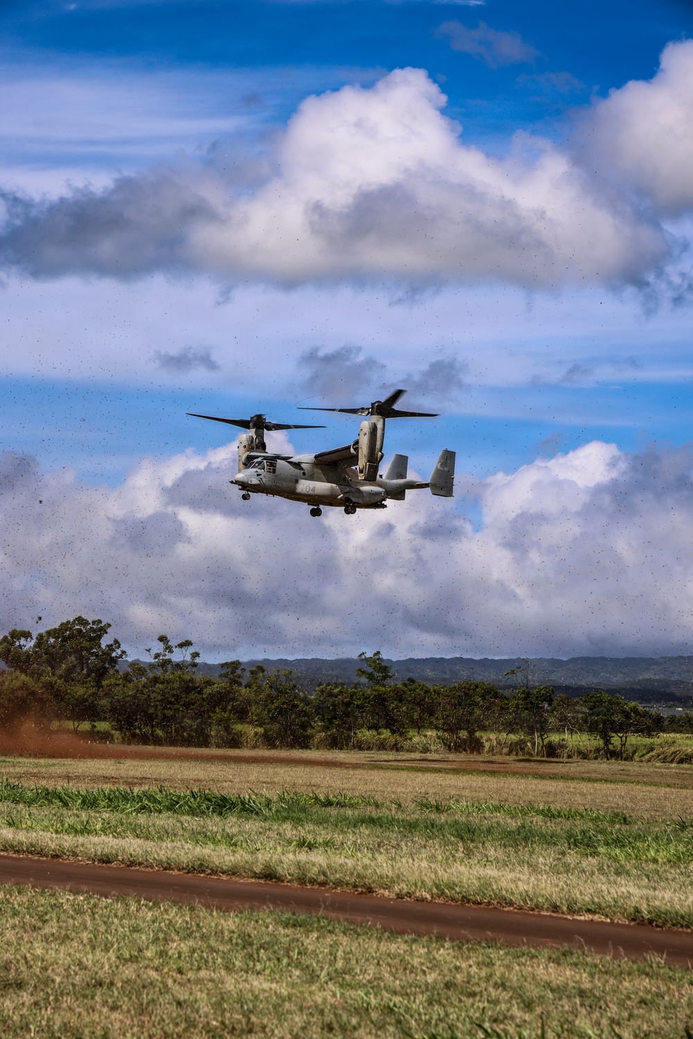 A military tiltrotor aircraft, identifiable as a Bell Boeing V-22 Osprey, is hovering or landing over a grassy field with red-dirt paths. The aircraft's rotors are tilted upward in helicopter mode, kicking up significant debris and dust from the ground below. The setting appears to be a rural or training area with dense tree lines and hills in the background under a partly cloudy sky.