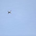 A small quadcopter drone is captured mid-flight against a clear, pale blue sky. The drone appears to be at a moderate altitude with its four rotors visibly spinning. The image is taken from a ground-level perspective looking upward.