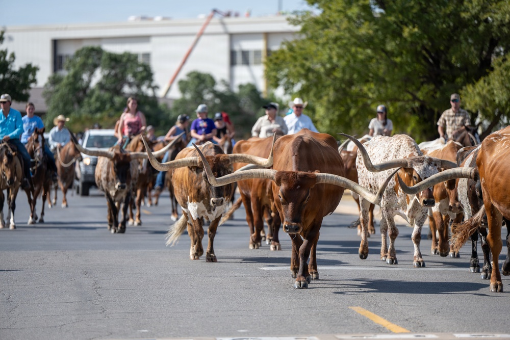 A herd of Texas Longhorn cattle is being driven down a paved public road in what appears to be an organized cattle drive or parade event. Multiple riders on horseback serve as drovers, guiding the herd from behind. The setting appears to be a small town or city street, with buildings and trees visible in the background.