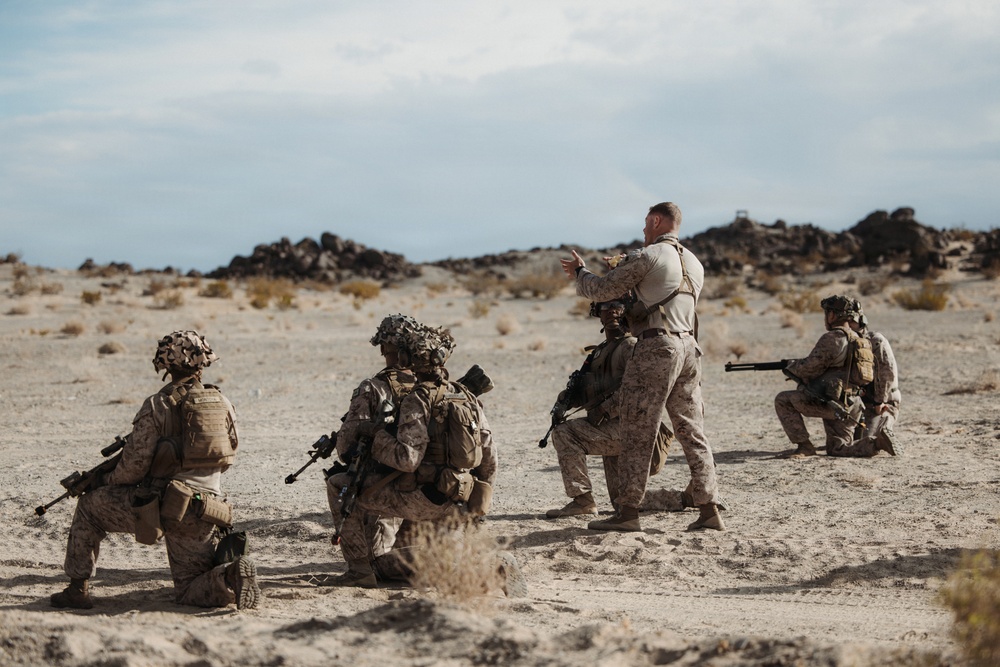 A group of military personnel in desert camouflage uniforms are conducting what appears to be a training exercise in an arid desert environment. One standing individual, without a helmet, appears to be an instructor or leader giving directional hand signals to the kneeling soldiers. The terrain is flat, sandy, and sparse with rocky outcroppings visible in the background.