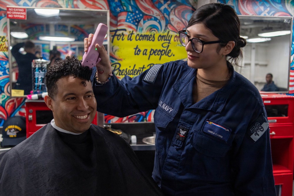 Ronald Reagan Sailors Visit the Barbershop