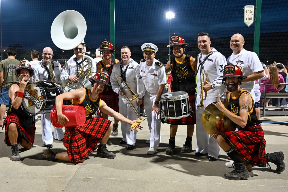 Navy Band Northwest Brass Quintet poses for photo with Fireline Drumline at Banana Ball
