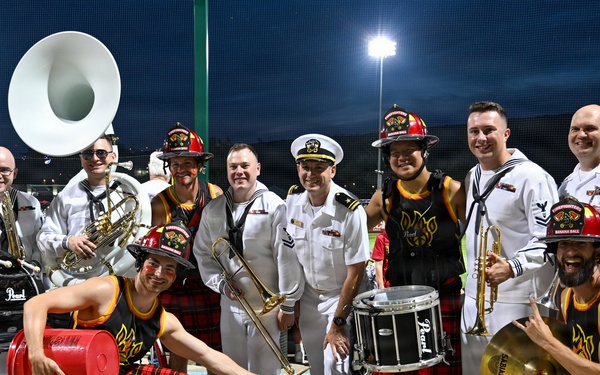 Navy Band Northwest Brass Quintet poses for photo with Fireline Drumline at Banana Ball