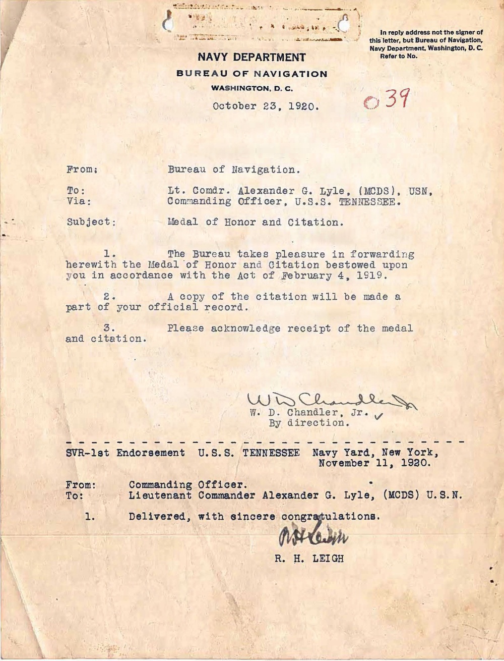 Lt. Cmdr. (Dr) Alexander Lyle Medal, Navy Dental Corps, Medal of Honor Conferment Letter