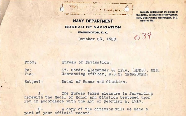 Lt. Cmdr. (Dr) Alexander Lyle Medal, Navy Dental Corps, Medal of Honor Conferment Letter