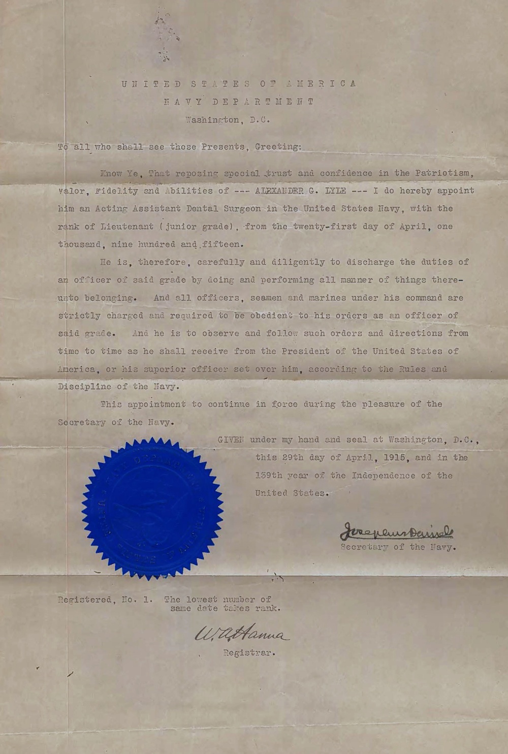 Lt. j.g. Alexander Lyle Appointment as Acting Assistant Dental Surgeon Letter