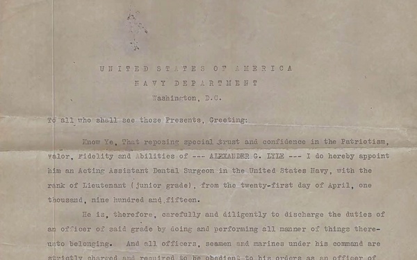 Lt. j.g. Alexander Lyle Appointment as Acting Assistant Dental Surgeon Letter