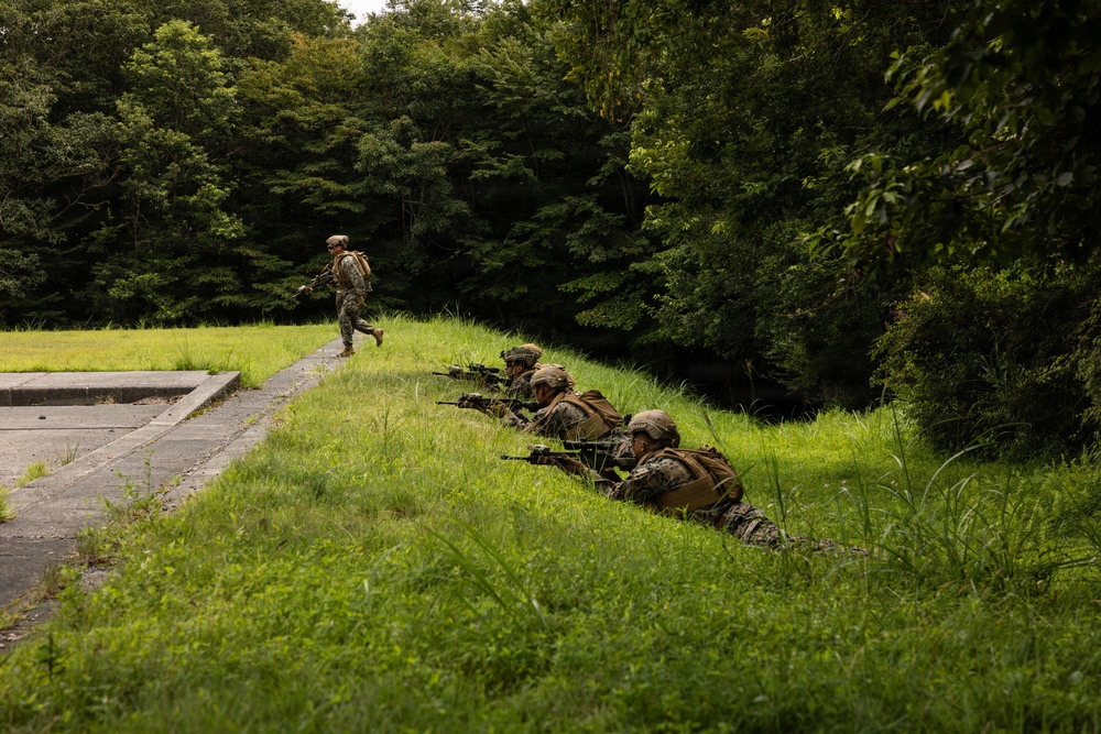 A military training exercise is underway in a lush, green outdoor environment. Several soldiers are in a prone firing position along a grassy embankment with rifles aimed forward, while one soldier is running in the background. The scene depicts a classic fire-and-maneuver tactical drill with suppressing elements and a moving element.