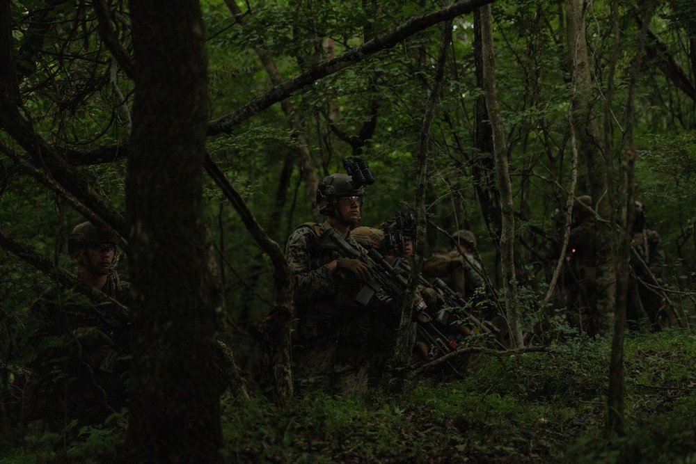 A group of armed military personnel in camouflage uniforms are conducting a patrol or tactical movement through a dense forest environment. The soldiers are equipped with rifles, tactical helmets, and protective eyewear, suggesting a training exercise or operational mission. The low-light, heavily wooded setting creates a dark and concealed atmosphere.