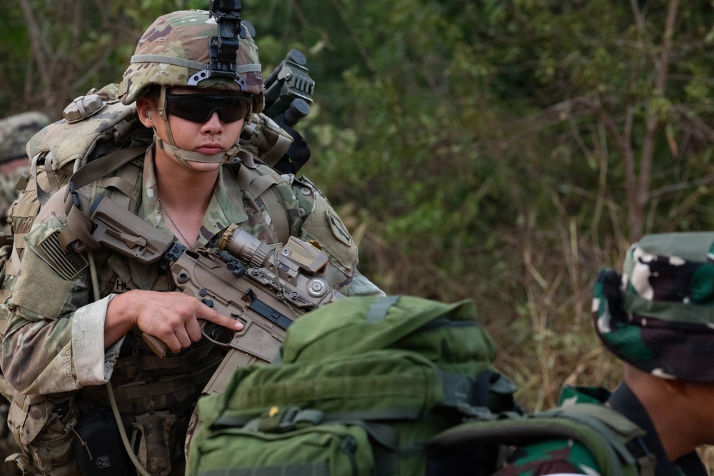 A U.S. Army soldier in full combat gear, including MultiCam (OCP) uniform, tactical helmet with night vision mount, and ballistic sunglasses, holds a rifle with optic attachment. A second individual in a different camouflage pattern (green/black) is partially visible in the foreground right. The setting appears to be an outdoor field training or joint exercise environment.