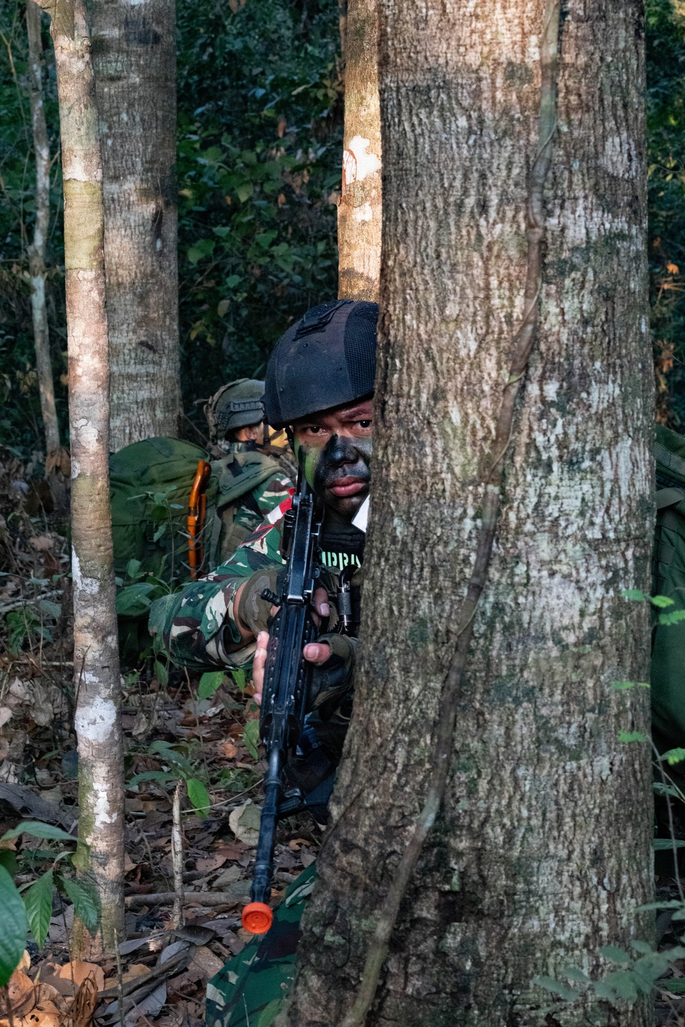 A soldier in camouflage uniform and face paint is taking cover behind a large tree trunk in a dense jungle environment. The soldier is holding a rifle with an orange muzzle cap, indicating a training or exercise scenario. A second soldier is visible in the background carrying a large pack.